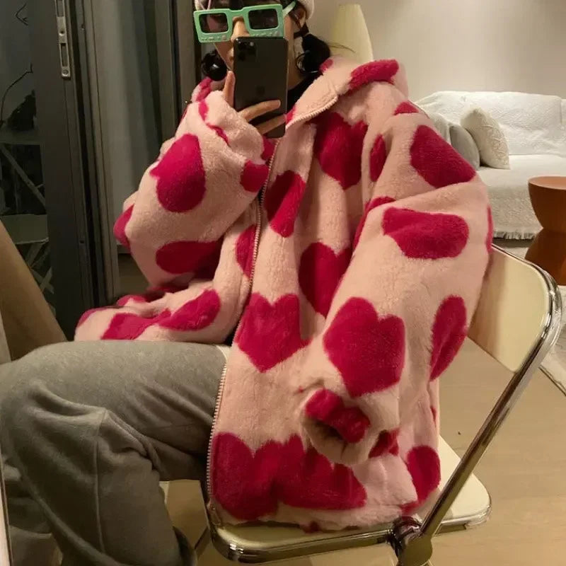 Chaqueta de felpa con estampado en forma de corazón Harajuku para mujer, abrigo coreano de manga larga con capucha, ropa de calle gruesa y cálida para parejas, invierno