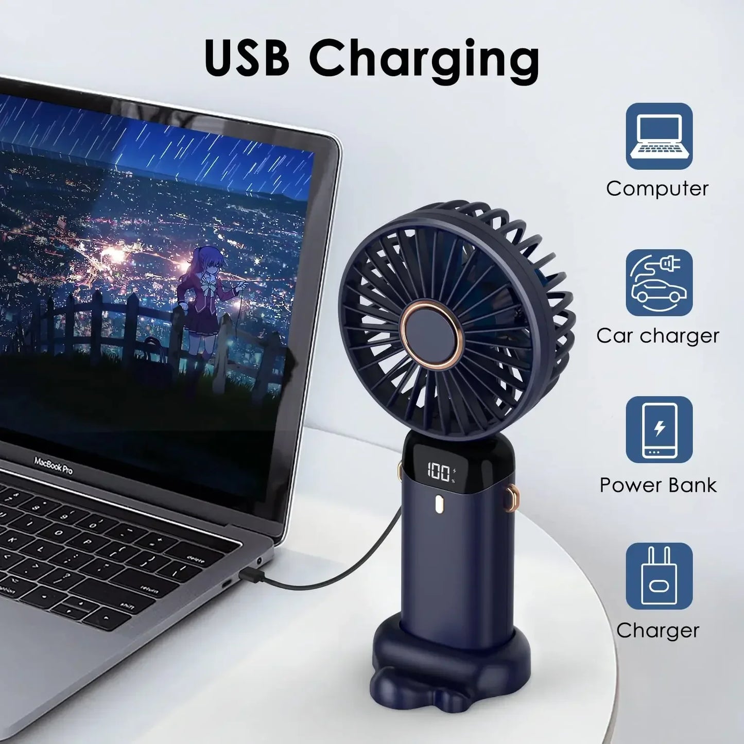 Mini ventilador de mano de 5000 mAh, inalámbrico, recargable por USB, portátil, con pantalla digital, soporte para teléfono, ventilador plegable de 5 velocidades para colgar en el cuello