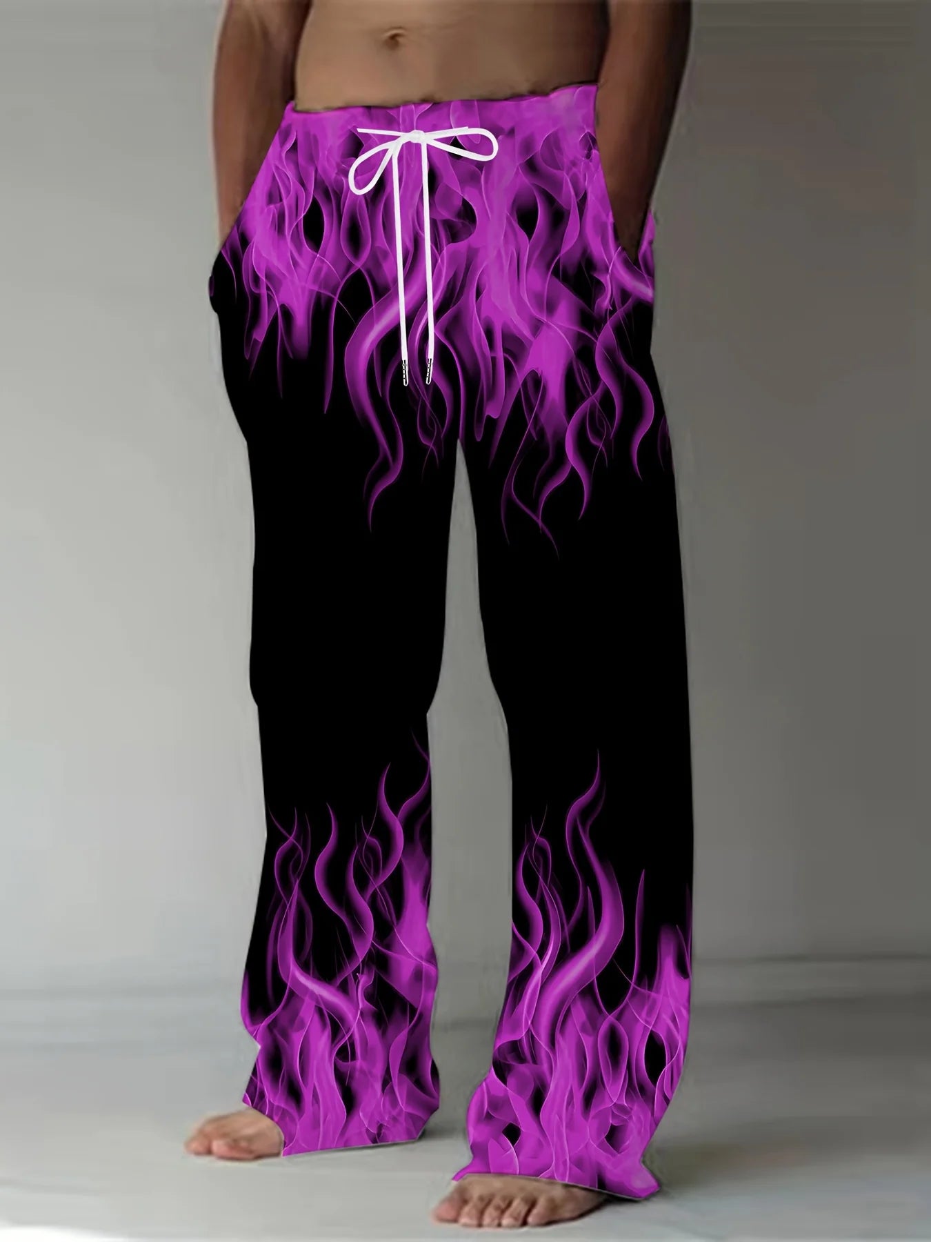 Pantalones de moda de verano para hombre, pantalones de pierna recta con estampado de llamas Retro informales, pantalones holgados con cordón como regalo