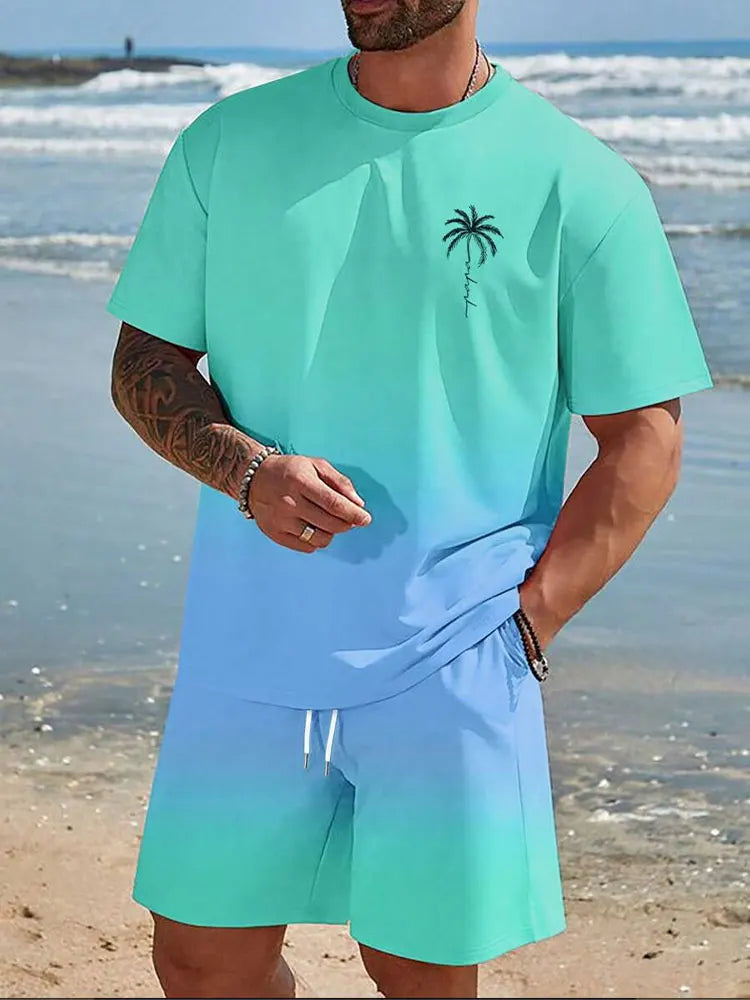 Conjunto de 2 piezas de verano vibrante para hombre, camiseta elegante e informal para hombre, pantalones cortos de playa para exteriores, estampado , cuello redondo y mangas cortas.
