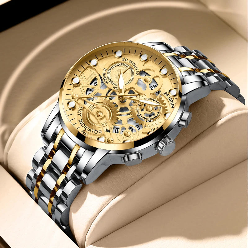 Reloj de negocios para hombre, diseño de esqueleto, estilo mecánico de moda, acero inoxidable, movimiento de cuarzo, calendario, reloj de pulsera impermeable para hombre.