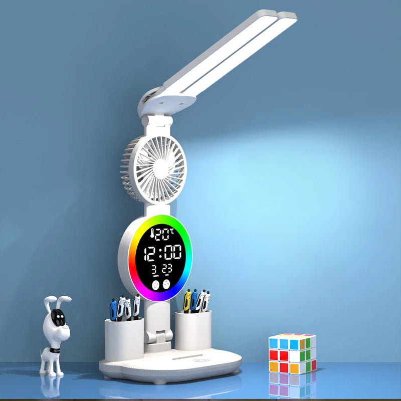 Lámpara de mesa LED recargable para estudio, lámpara de escritorio, luz de lectura, luz de noche LED con ventilador, pantalla de reloj LED, luz de escritorio de lectura