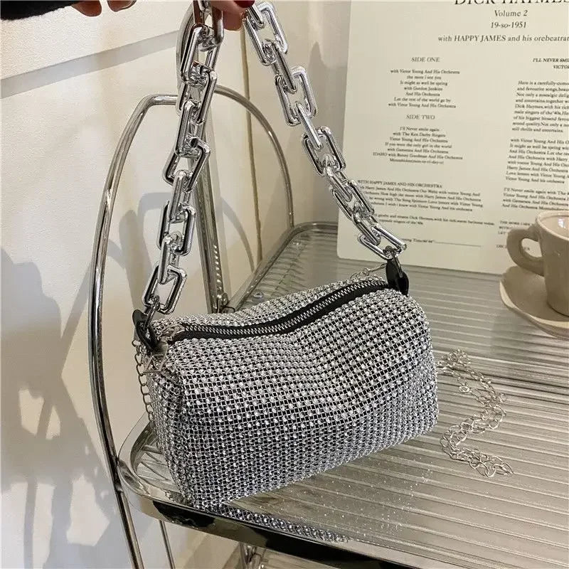 Bolso tipo cubo con diamantes de imitación, bolso de fiesta con cadena brillante, mini bolso cruzado para mujer