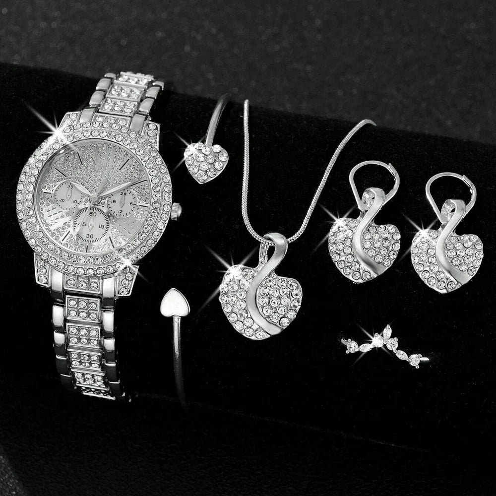 Reloj de cuarzo de lujo para mujer, con anillo, collar y pendientes de diamantes de imitación
