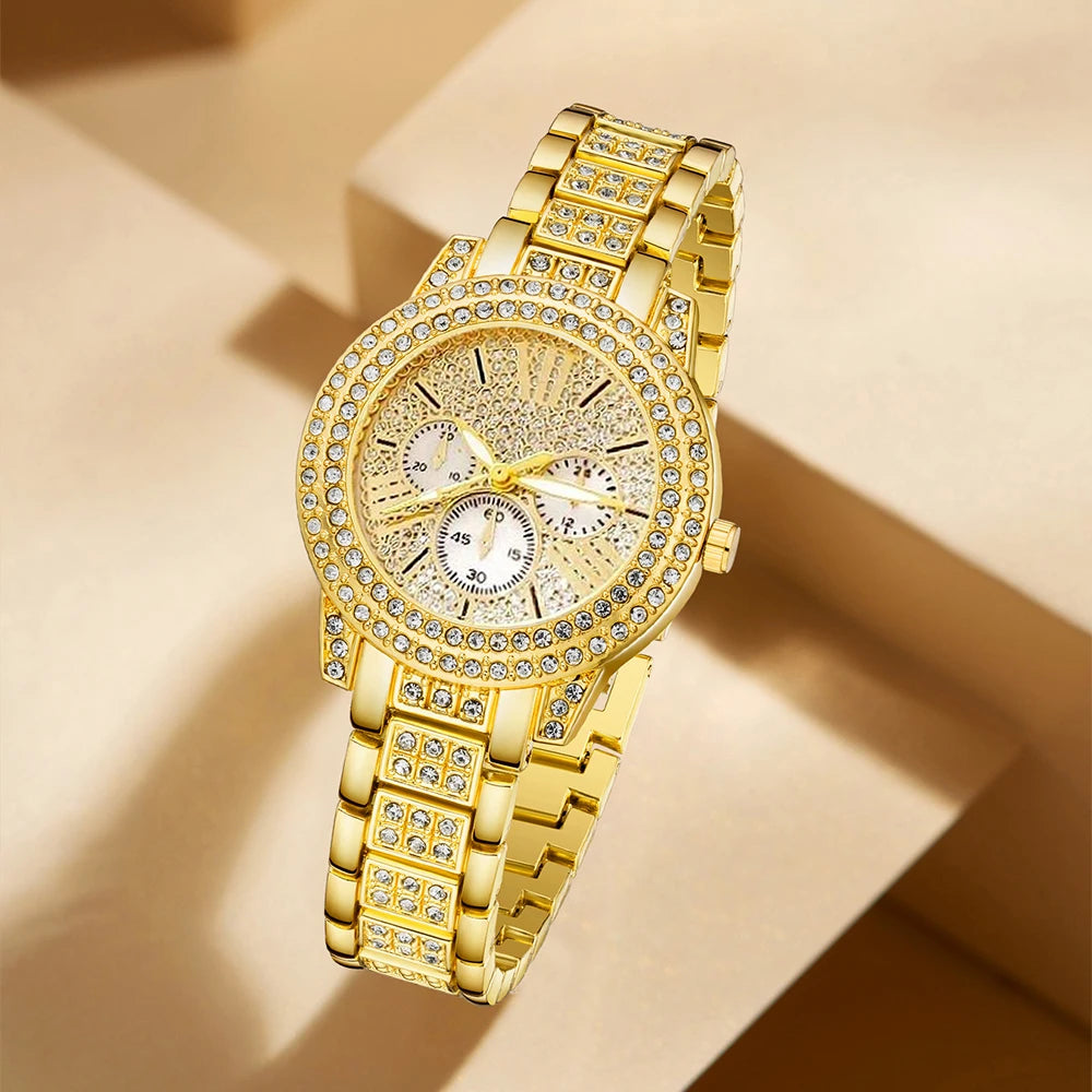 Reloj de cuarzo de lujo para mujer, con anillo, collar y pendientes de diamantes de imitación