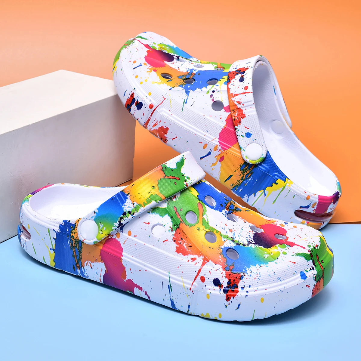Sandalias tipo zueco para hombre y mujer, estilo pareja, con estampado de inyección de tinta, con amortiguación de aire, transpirables, para playa, para exteriores, con suela gruesa