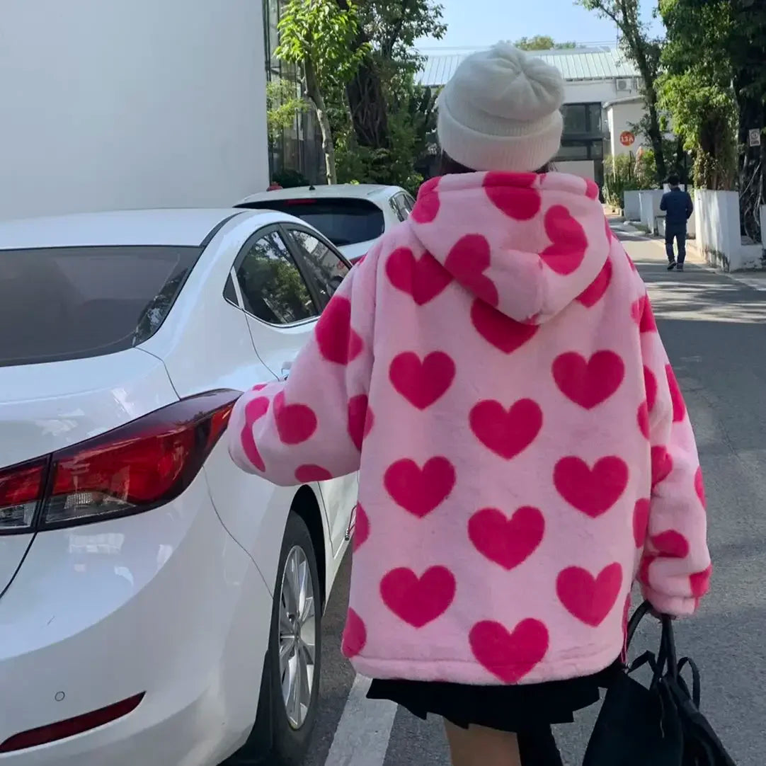 Chaqueta de felpa con estampado en forma de corazón Harajuku para mujer, abrigo coreano de manga larga con capucha, ropa de calle gruesa y cálida para parejas, invierno