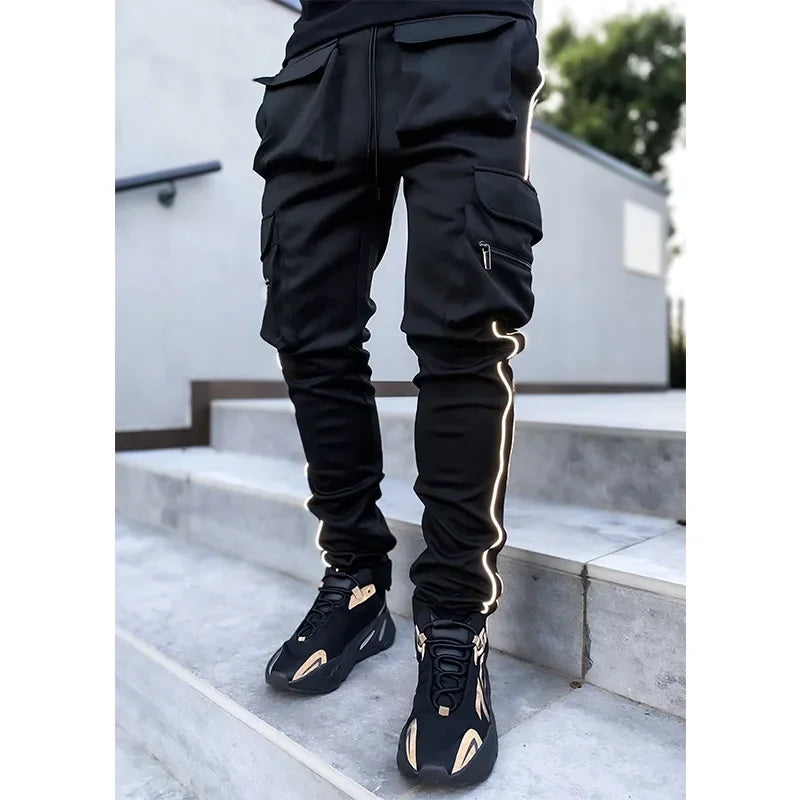 Pantalones Cargo de primavera y otoño para hombre, pantalones informales deportivos de pierna recta reflectantes