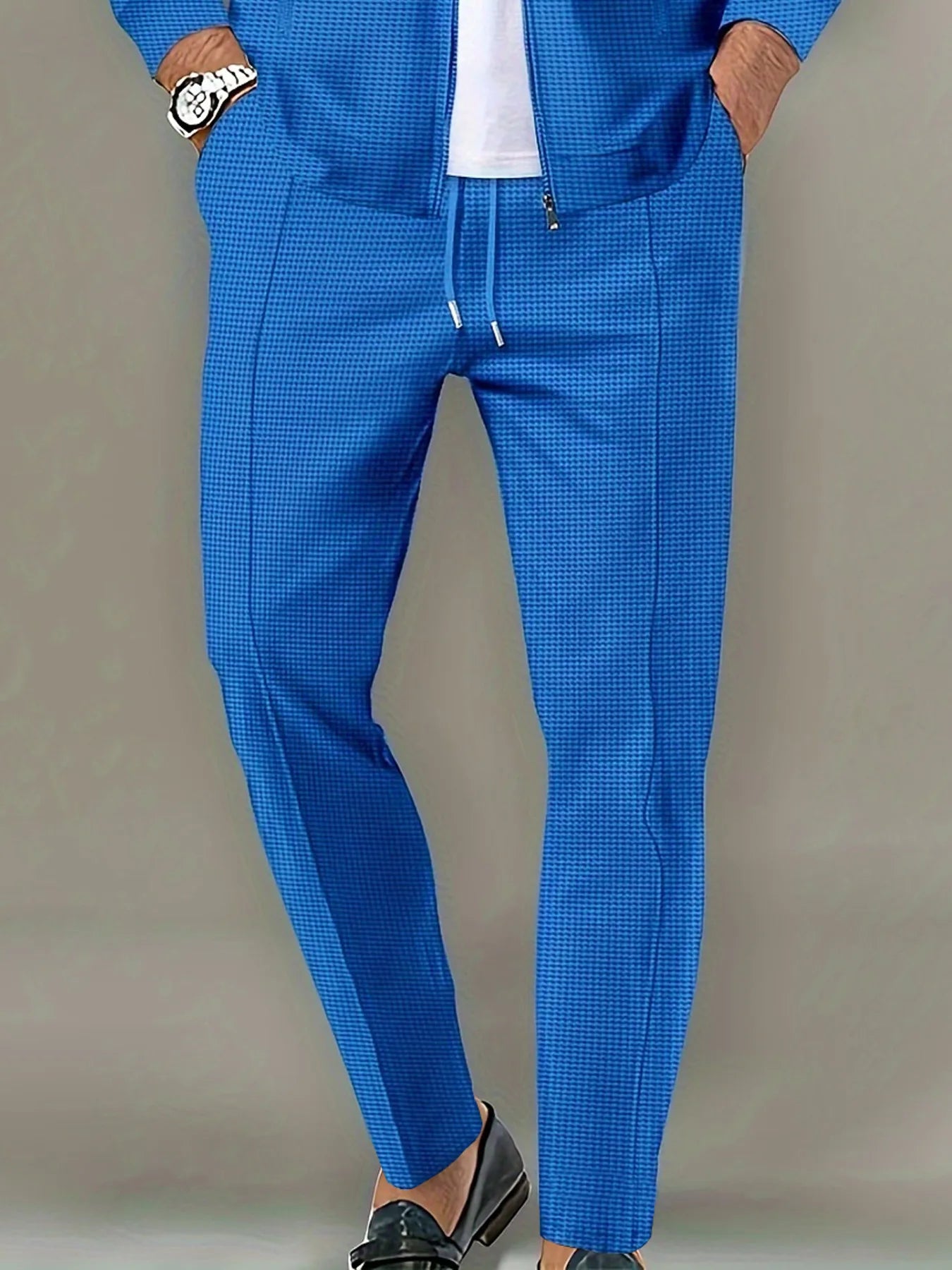 Pantalones largos de tela tipo gofre de tiro medio para hombre, pantalones elegantes y ligeros, adecuados para todas las estaciones
