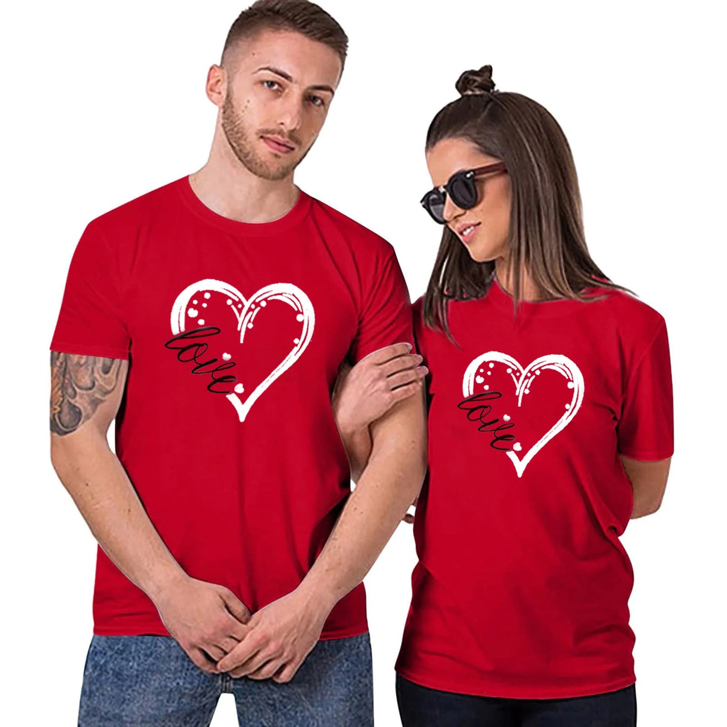 Camiseta de manga corta con estampado de corazón para parejas, cuello redondo, holgada, para amantes, para hombre y mujer