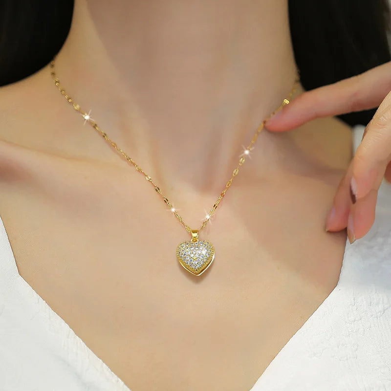 Collar para mujer, acero inoxidable, circonita, corazón, cadena de clavícula, gargantilla, joyería de boda