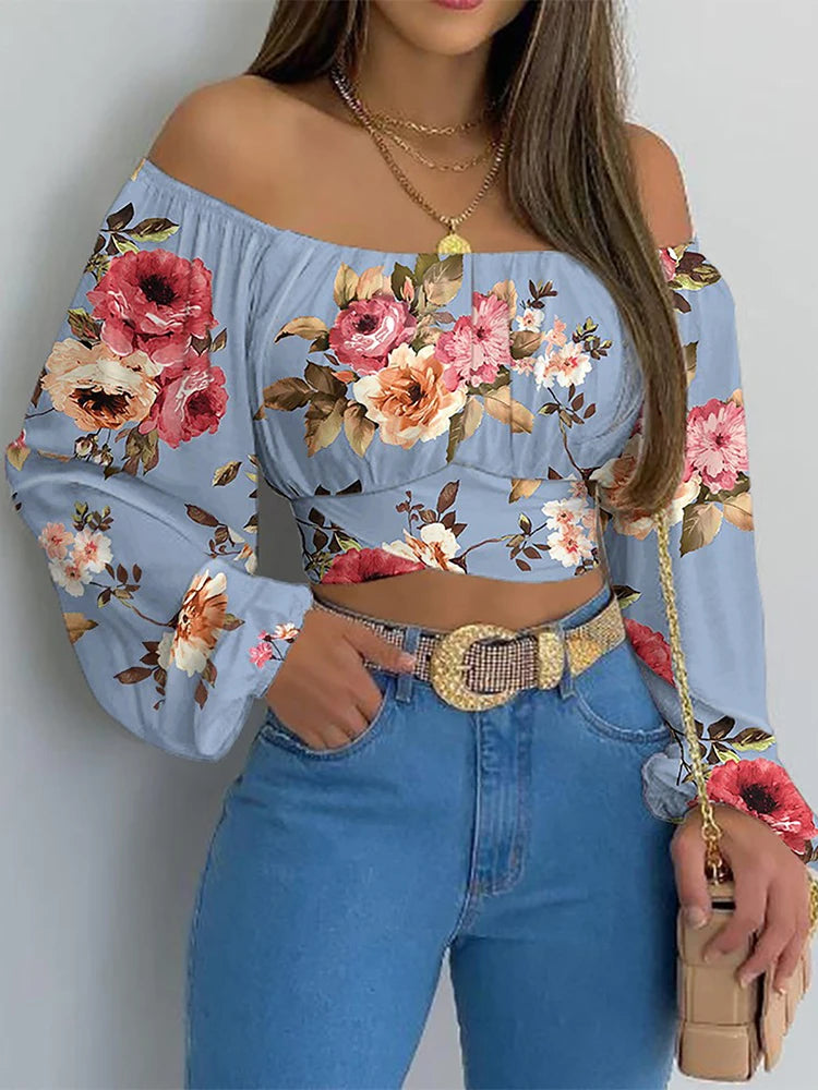 Blusa con hombros descubiertos para mujer, elegante con estampado