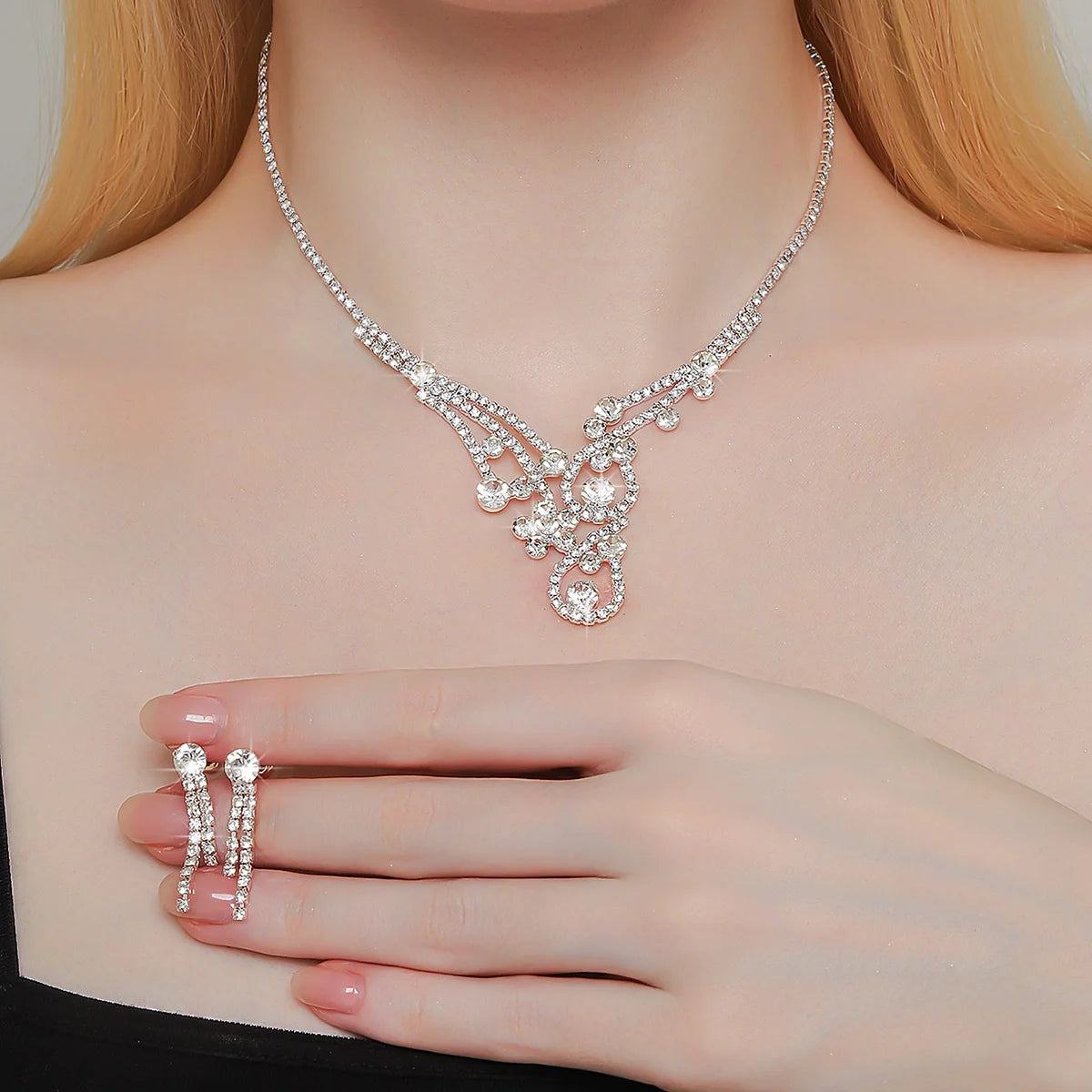 Conjunto de 3 piezas de collar y pendientes con diamantes de imitación para mujer