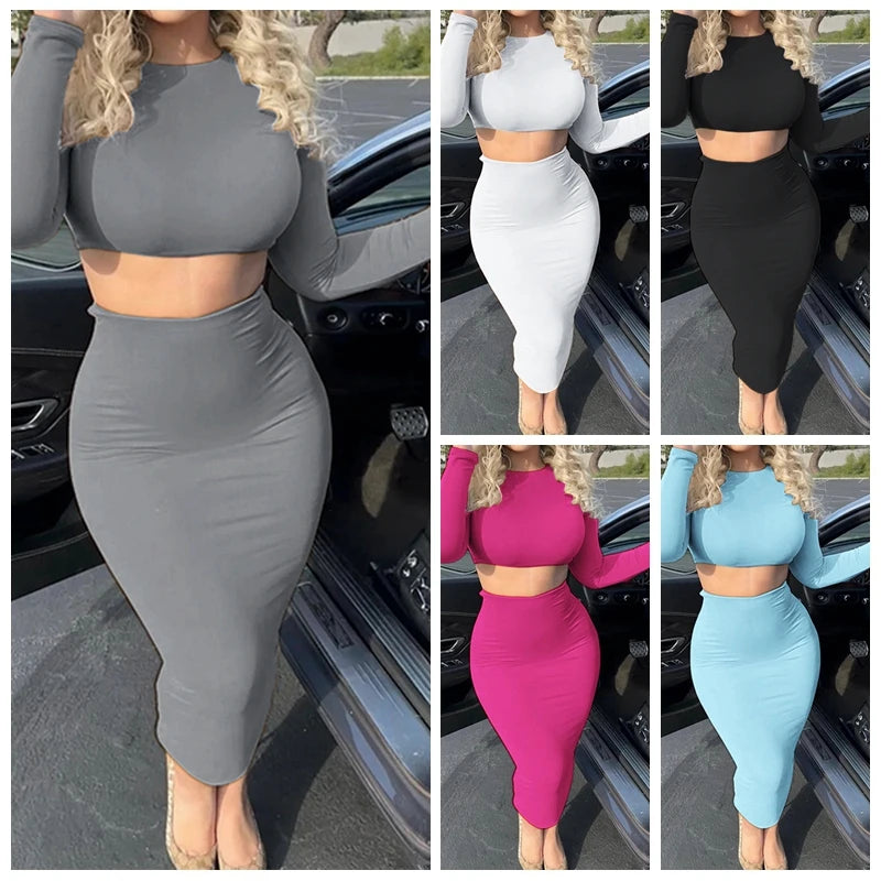 Conjunto de vestido para mujer, corto de manga larga y falda a media pantorrilla, conjunto de 2 piezas, trajes de oficina ajustados