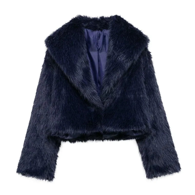 Chaqueta de piel sintética cálida retro para mujer, solapa gruesa, manga larga, botones ocultos, informal, elegante, para ir al trabajo, abrigo holgado, suave y esponjoso, para otoño e invierno, nuevo y elegante