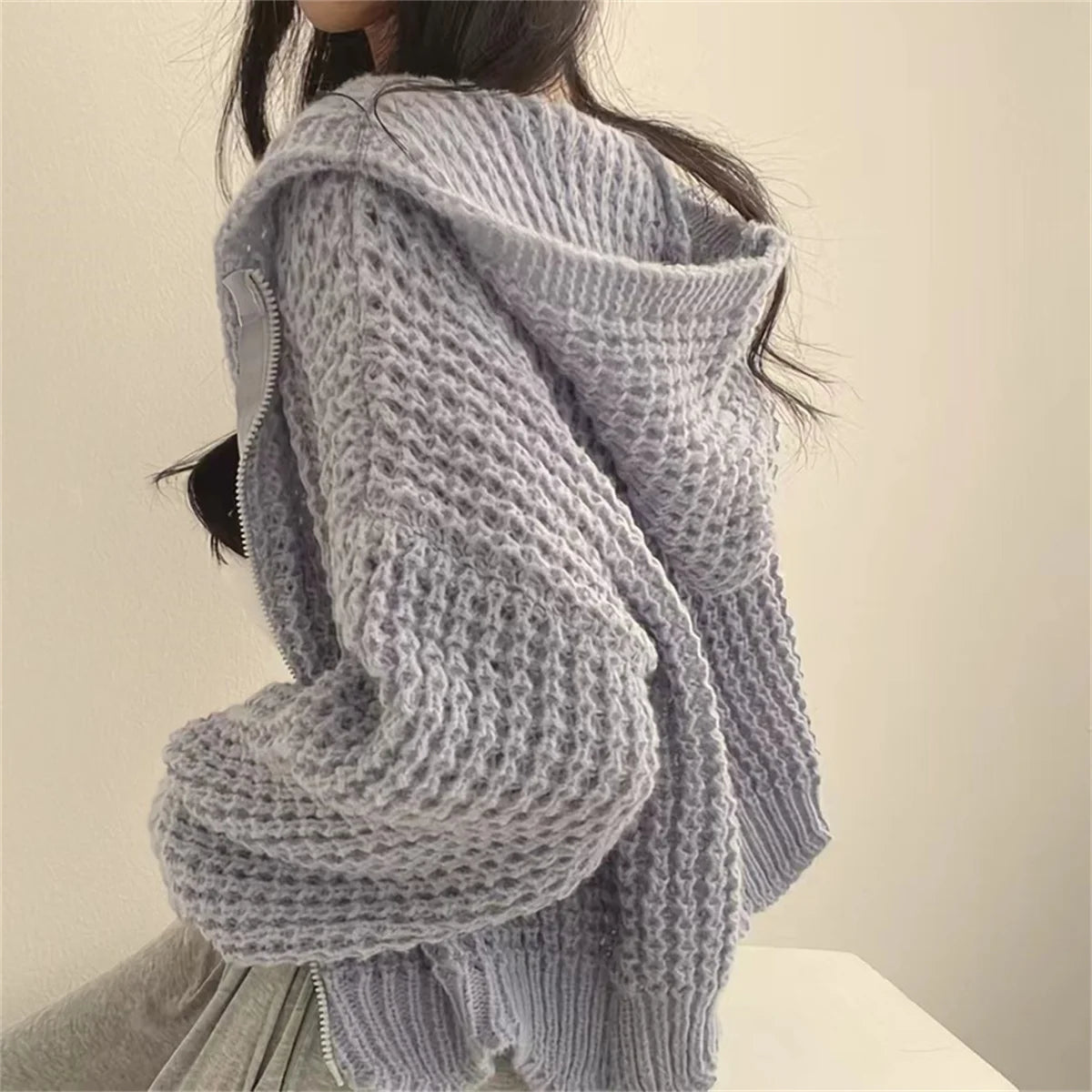 Suéter de punto coreano para mujer, abrigo de moda de otoño e invierno, Sudadera con capucha lisa, cárdigan con cremallera, chaqueta informal de estilo perezoso de calle para mujer