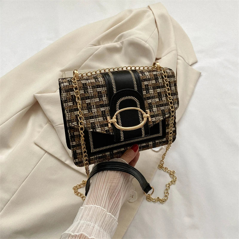 Bolso de hombro con cadena de metal a cuadros, con hebilla de candado para mujer, bandolera cuadrada pequeña para mujer