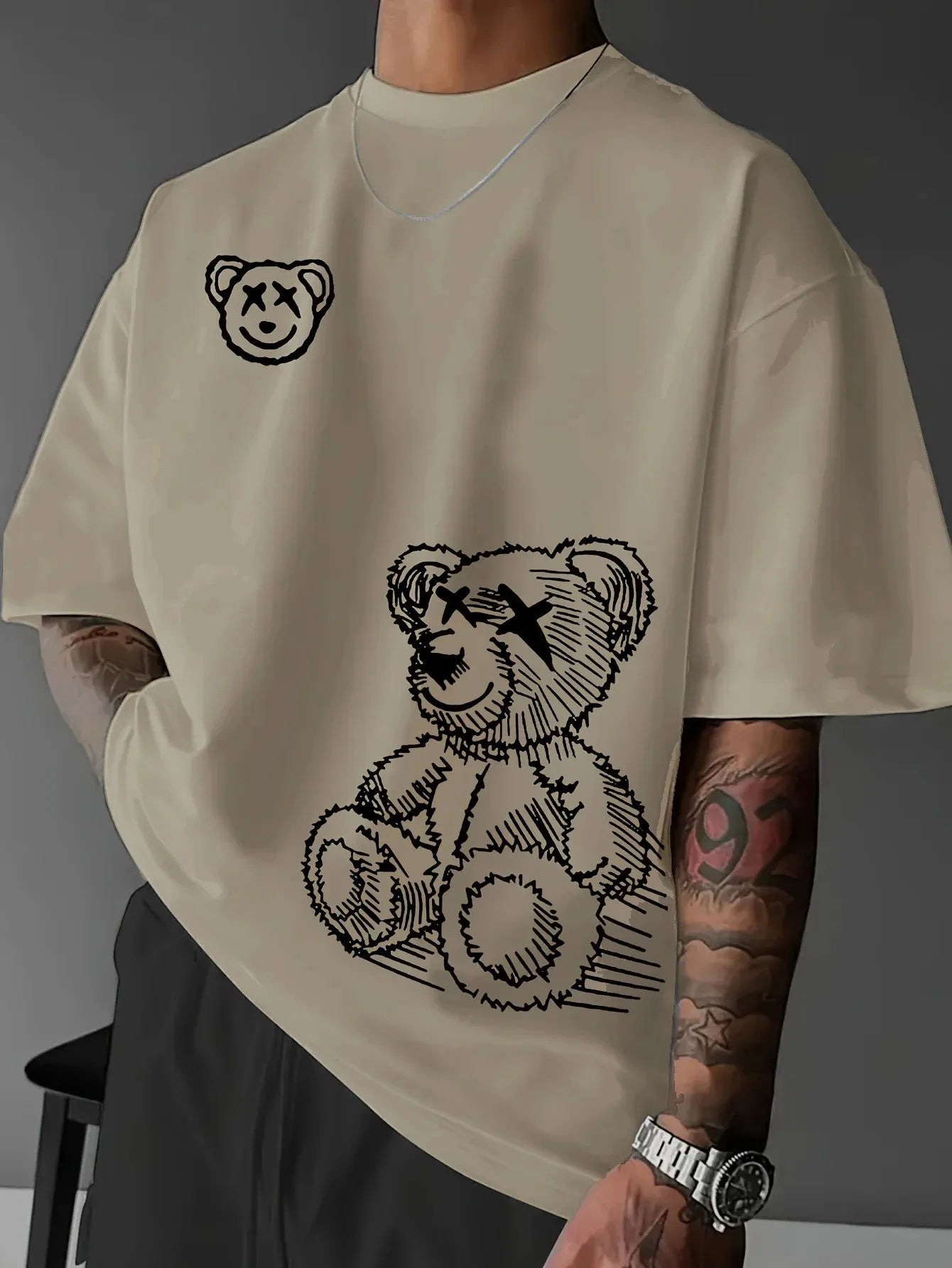 Camiseta de verano para hombre, 100 % algodón, informal, holgada, de calle, con estampado de oso de dibujos animados, cuello redondo y manga corta