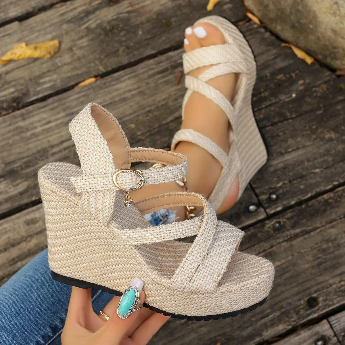 Sandalias romanas de algodón vaquero con tiras cruzadas para mujer, estilo verano, con suela gruesa y suela de goma,