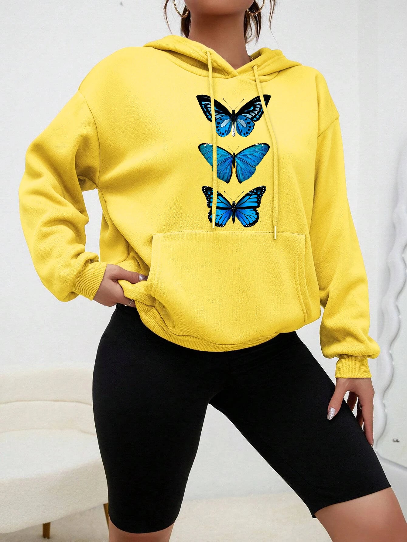 Sudadera con capucha con estampado de mariposa creativa para mujer, sudadera informal de calle, Sudadera con capucha de lana a la moda