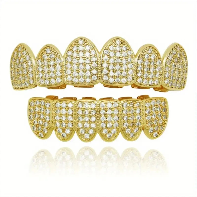 Juego de dientes de circonita cúbica unisex, de color dorado y plateado, con tapa para dientes, extraíble, joyería dental de moda.