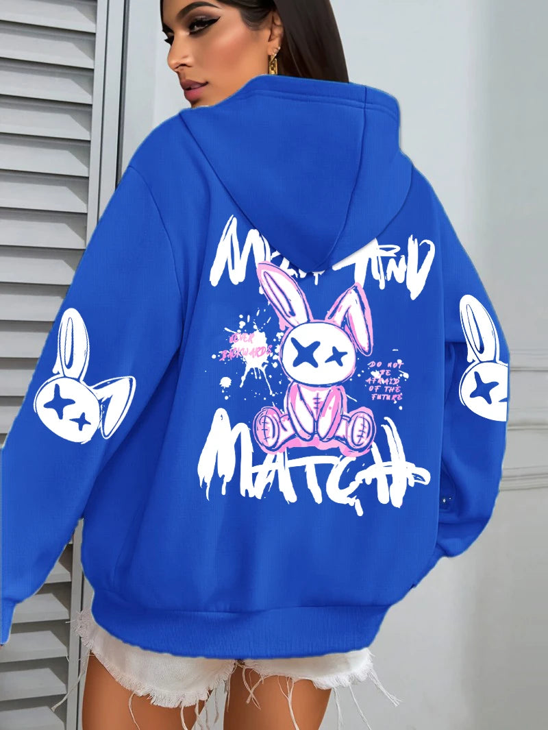 Sudadera con capucha con estampado de conejo de dibujos animados para mujer, ropa informal con bolsillo, Sudadera holgada , ropa femenina de lana que combina con todo