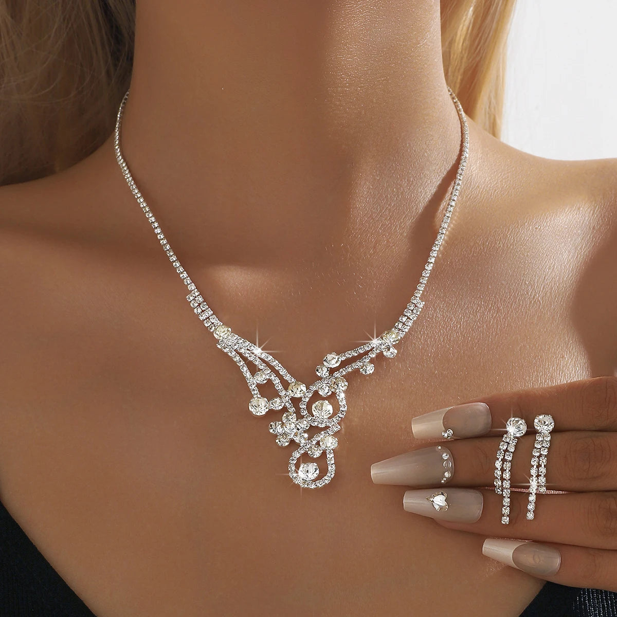 Conjunto de 3 piezas de collar y pendientes con diamantes de imitación para mujer