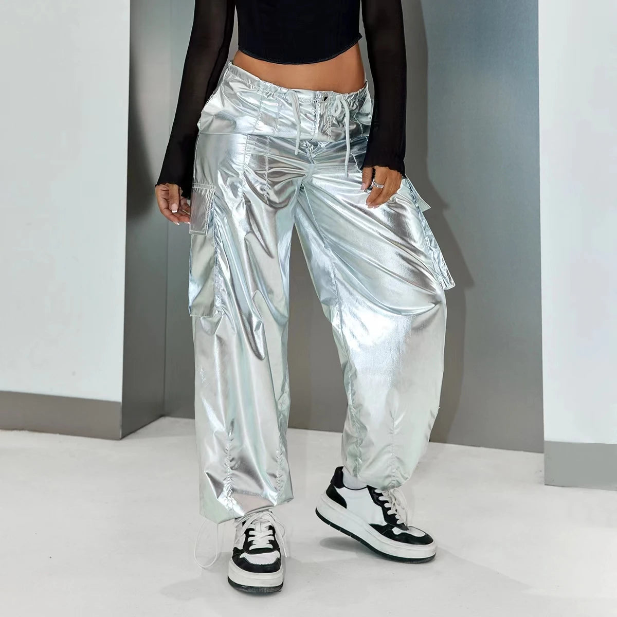 Pantalon para mujer de pierna ancha suelta Cargo Pantalones de paracaídas Trajes de festival