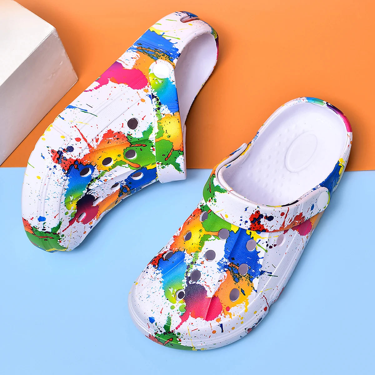 Sandalias tipo zueco para hombre y mujer, estilo pareja, con estampado de inyección de tinta, con amortiguación de aire, transpirables, para playa, para exteriores, con suela gruesa