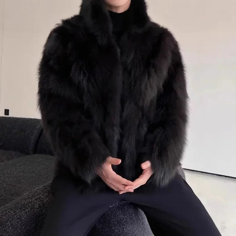 Abrigo de piel sintética grueso para hombre, nuevo estilo de invierno, cuero y piel integrados, abrigo de abrigo para hombre con apariencia de zorro negro de