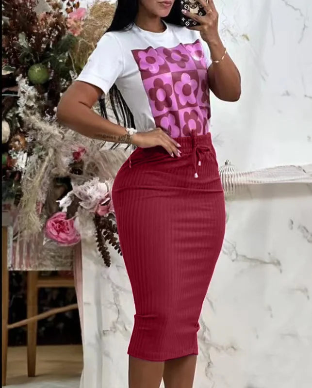 Conjunto de camiseta y vestido de manga corta informal para mujer, conjunto de oficina para primavera y verano, blusa con estampado elegante, falda lisa, conjunto de dos piezas para mujer