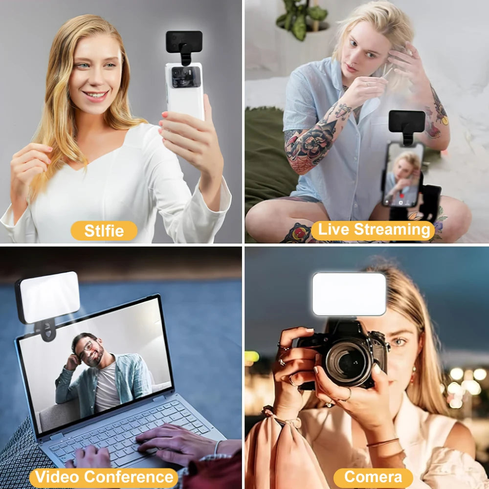 Mini luz de relleno para selfies, recargable, 3 modos de color, brillo ajustable, clip para teléfonos móviles, computadoras, fotografía, luces LED