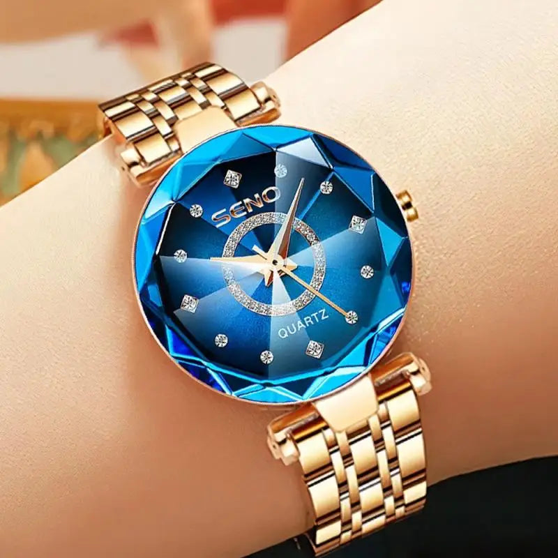 Reloj de cristal para mujer, marca superior de lujo, oro rosa, pulsera, femenino
