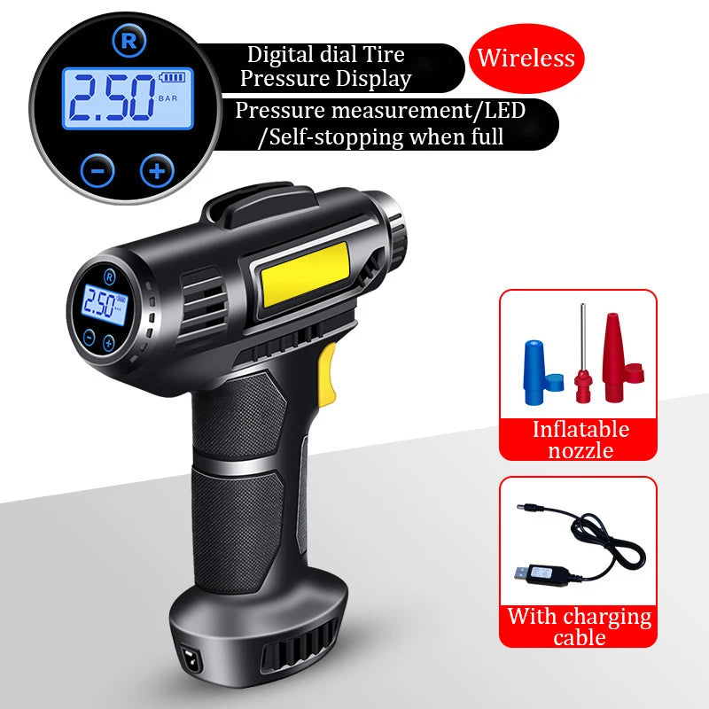 Bomba de inflado de coche inalámbrica de 120 W con pantalla digital inteligente, portátil, con cable, compresor de aire para neumáticos.
