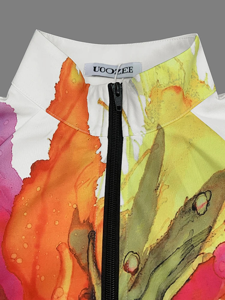 Chaqueta con estampado Floral para mujer, abrigo holgado de media manga con cremallera y cuello alto, otoño