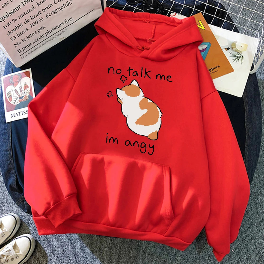 Sudadera con capucha con estampado de gato enojado para mujer, sudaderas suaves, jerséis de lana informales, ropa de calle de lana de gran tamaño para mujer