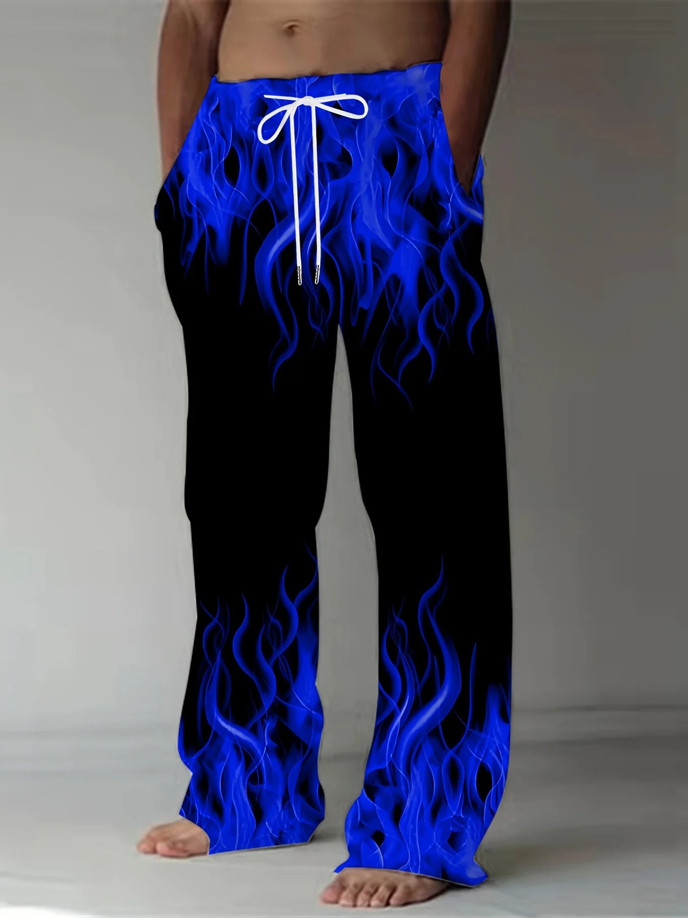 Pantalones de moda de verano para hombre, pantalones de pierna recta con estampado de llamas Retro informales, pantalones holgados con cordón como regalo