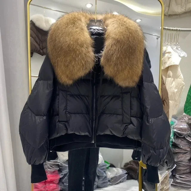 Chaqueta de plumón de invierno a la moda para mujer, abrigo recortado con Cuello de piel de zorro de gama alta