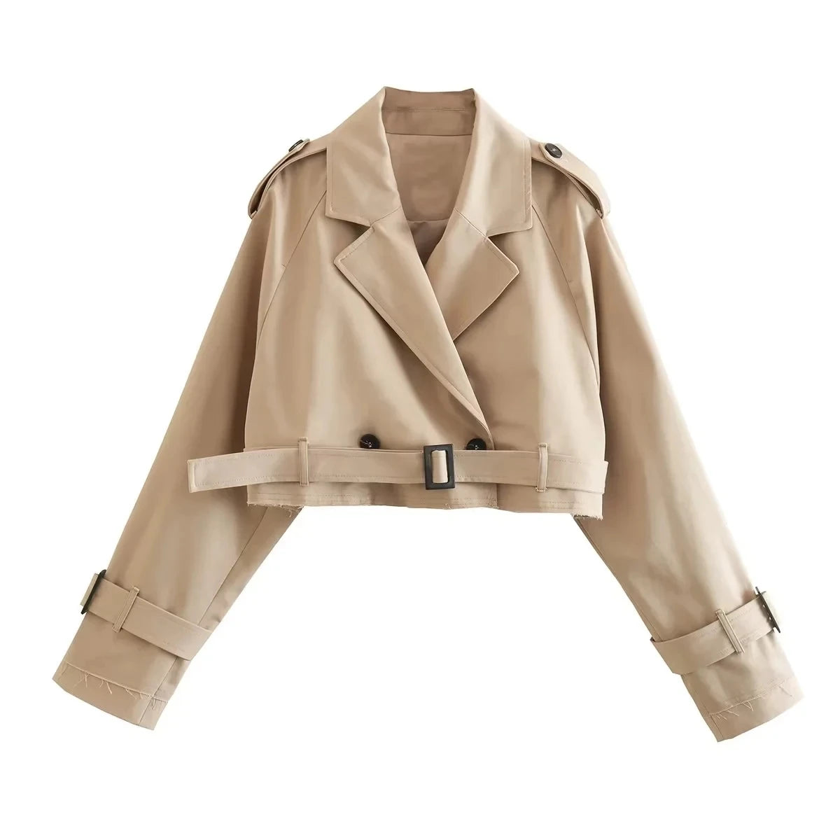 Gabardina recortada con cinturón para mujer, chaqueta de primavera, ropa de calle Vintage, Top de manga larga con doble botonadura, trajes de abrigo para mujer