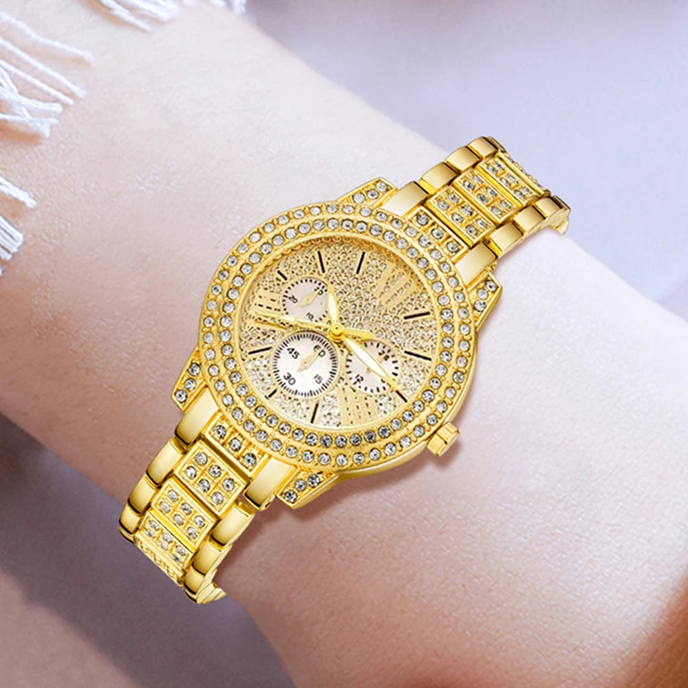 Reloj de cuarzo de lujo para mujer, con anillo, collar y pendientes de diamantes de imitación