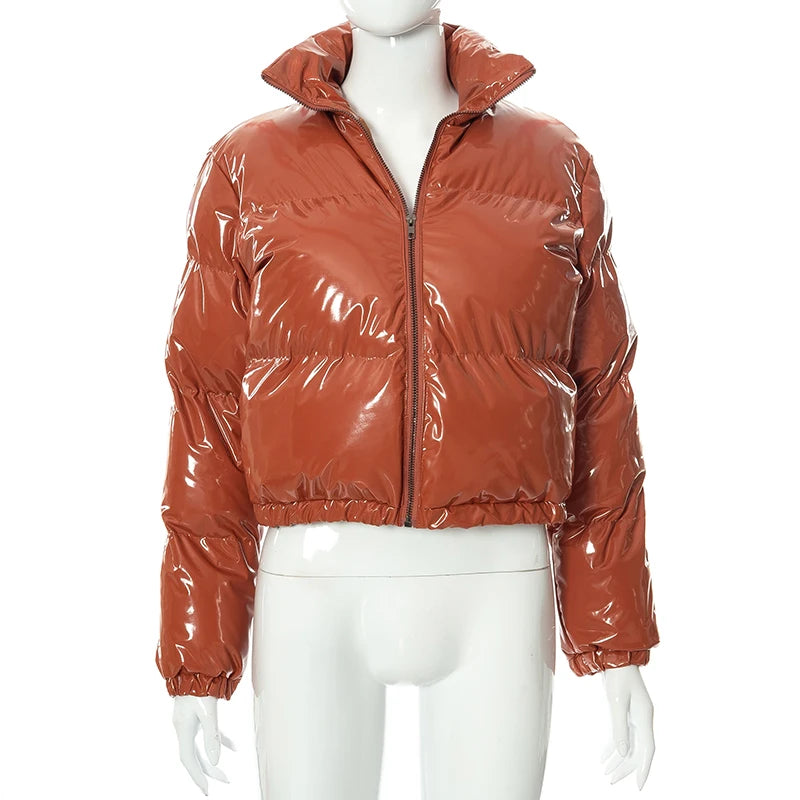 Veste, Hiver Y2K Col Roulé Fermeture Éclair Manches Longues Brillant Pu Épais Cardigan Manteau Femmes Neige Chaud Mince Décontracté Streetwear Automne