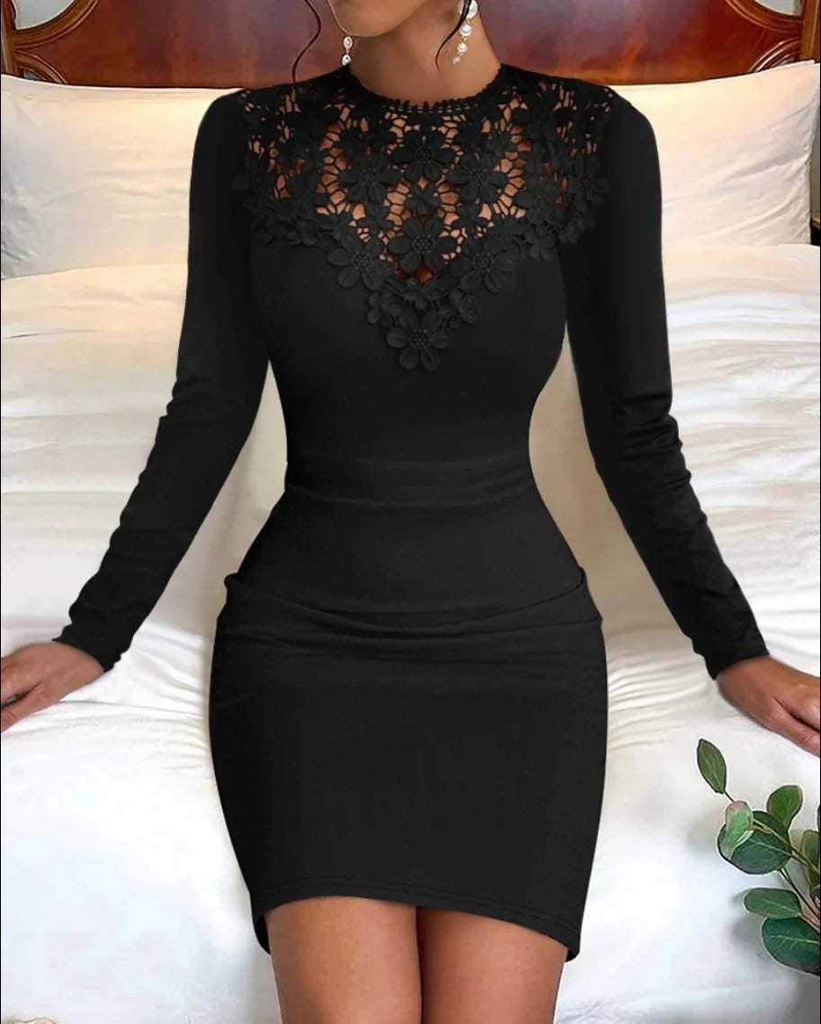 Vestido minivestido elegante de manga larga con bordado de encaje y flores para mujer, para fiesta, ajustado, con cuello medio y manga larga para invierno