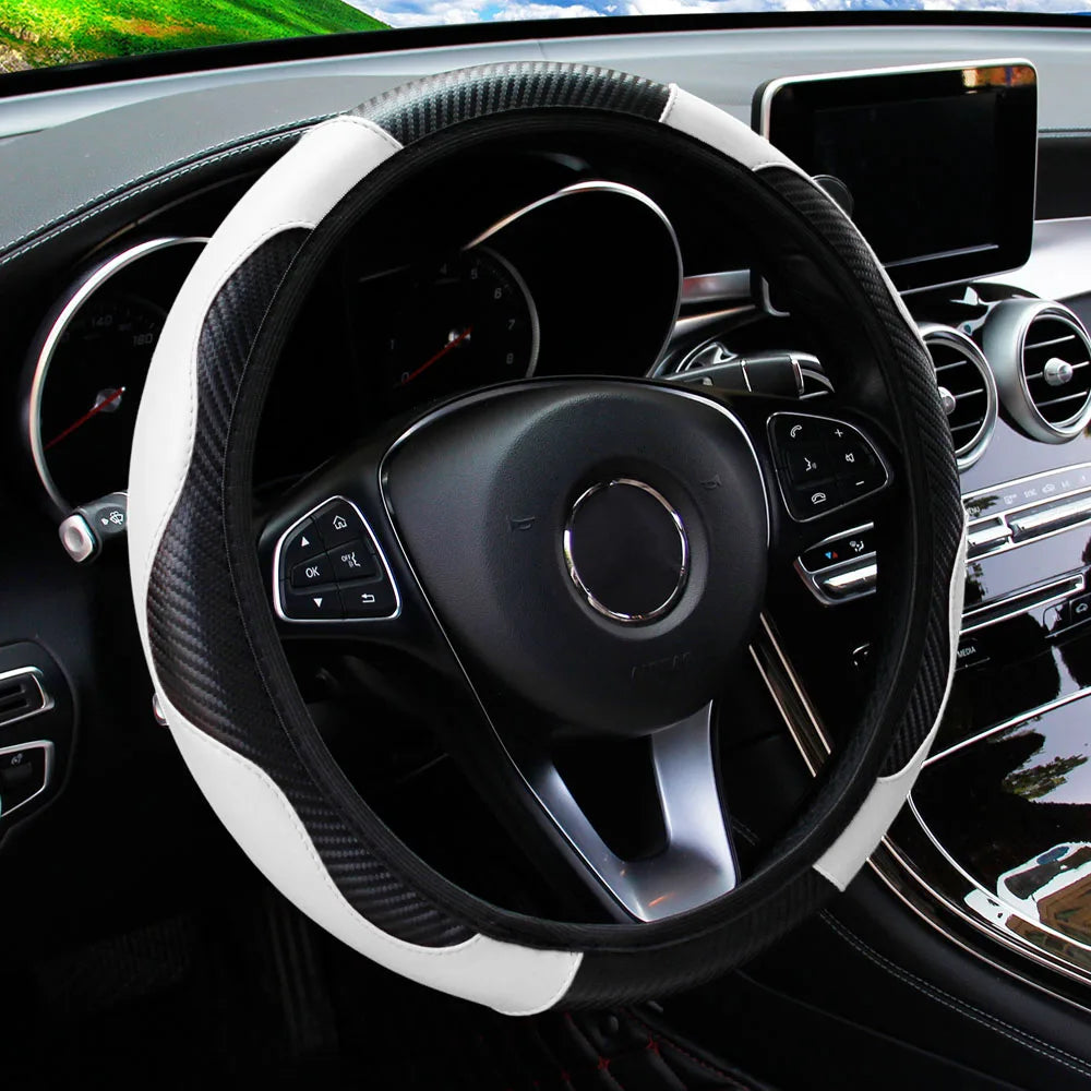 Funda para volante de coche de cuero de fibra de carbono PU sin anillo interior, apta para accesorios de automoción de 14,5 a 15 pulgadas