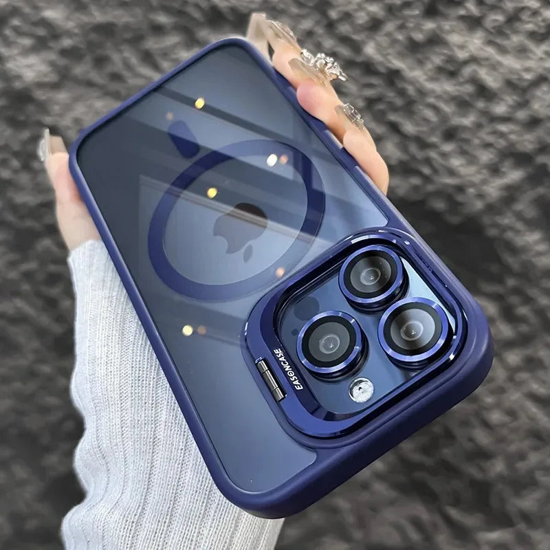 Funda magnética de lujo a prueba de golpes para iPhone 15, 14, 13, 12, 11, 16 Pro Max, 16 Plus, 16E, con soporte y protección de lente de cristal