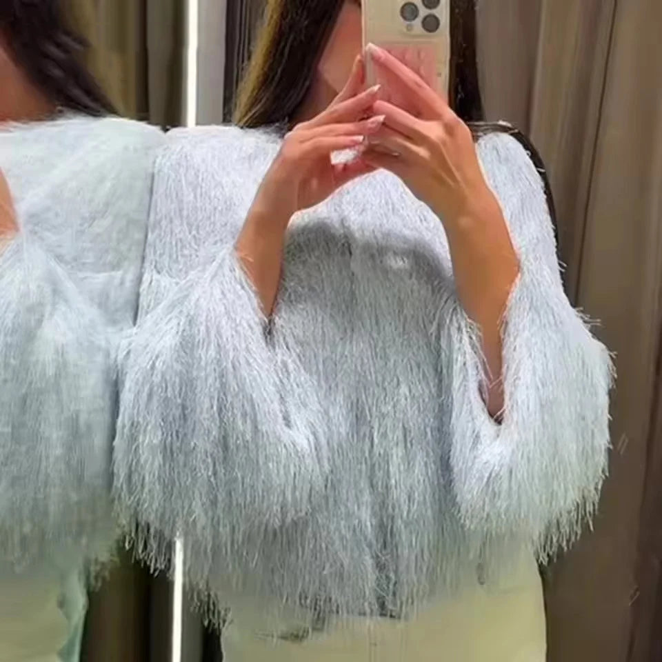 Abrigos cortos con decoración de borlas para mujer, chaquetas con mangas para la muñeca a la moda para mujer, prendas de vestir exteriores informales elegantes para oficina