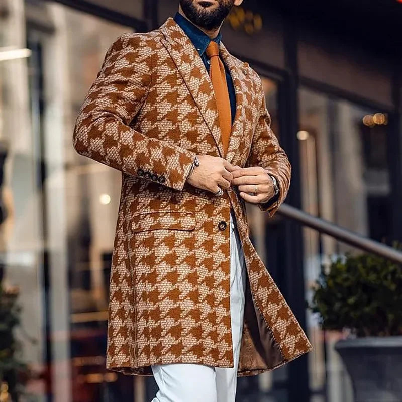 Abrigo con cuello de traje de longitud media para hombre, chaqueta de invierno con estampado transfronterizo