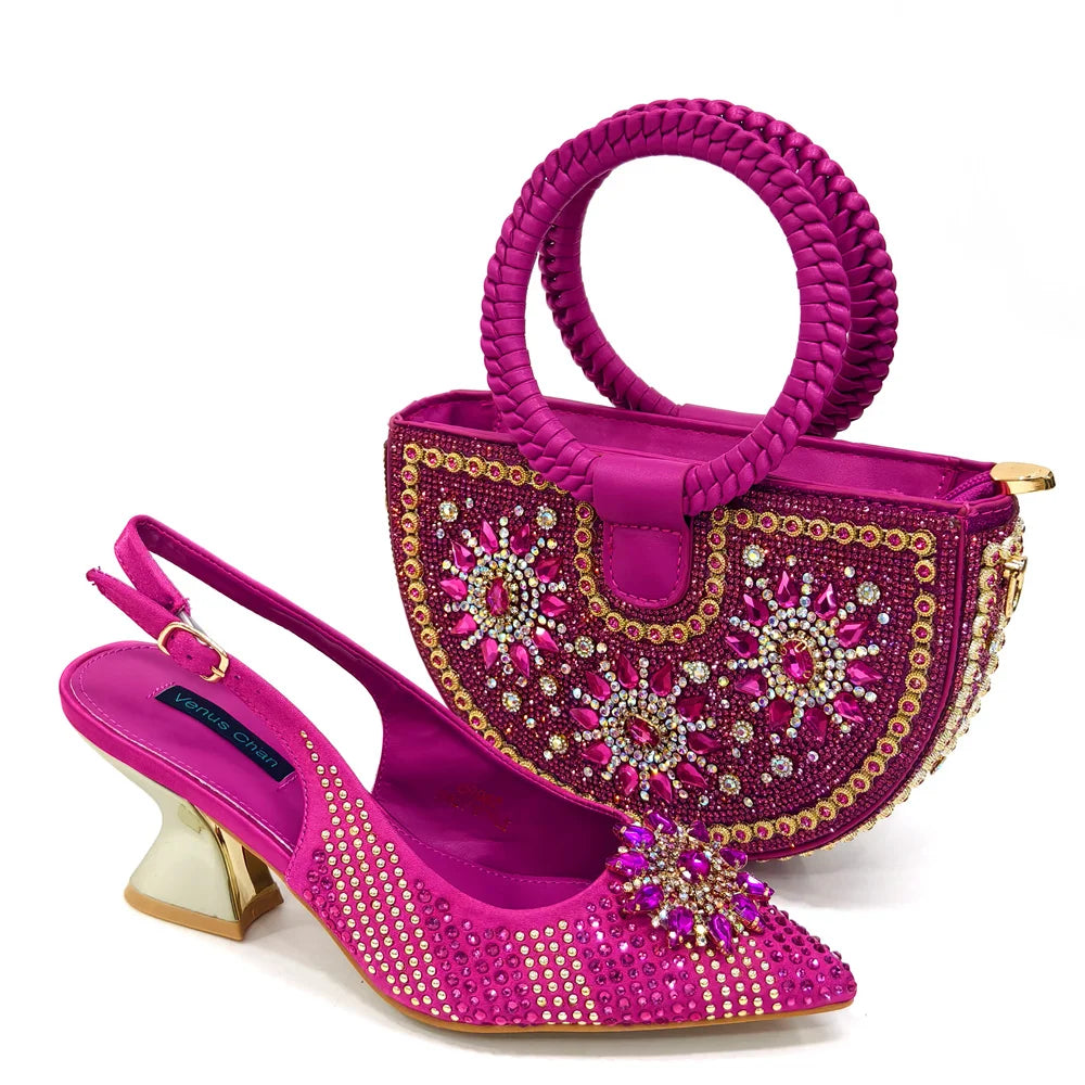 zapatos italianos para mujer y bolso, conjunto de Color fucsia, tacones altos cómodos con diamantes de imitación