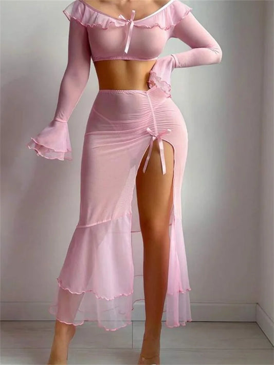 Conjunto de lencería de 3 piezas para mujer, trajes de malla con lazo y hombros descubiertos, manga larga acampanada, falda dividida alta, tanga