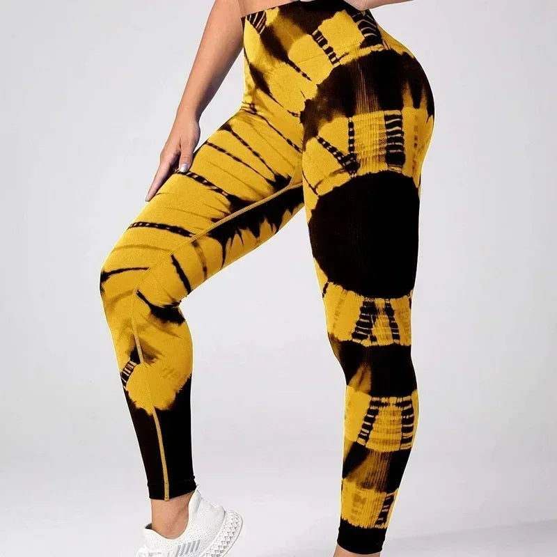 Mallas teñidas sin costuras para mujer, pantalones de punto ajustados, Fitness, Yoga, entrenamiento, correr, cintura alta elástica, levantamiento de cadera, medias deportivas de moda