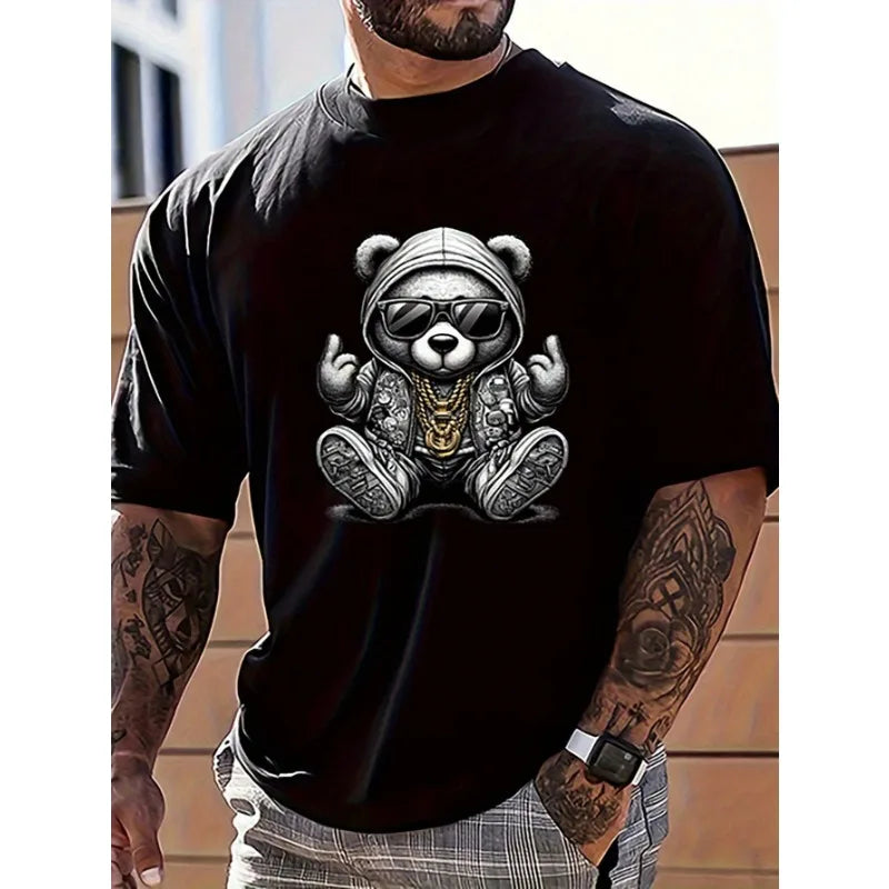 Camiseta de verano para hombre, informal, de cuello redondo, con estampado de oso de dibujos animados, de manga corta, moderna y cómoda.